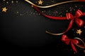 Christmas greetings banner with swirl ribbons and stars on black colour background. Royalty Free Stock Photo