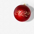 Christmas Greetings Card or Banner Template. Realistic Red Bauble on Transparent Background with Golden 2022. Winter Royalty Free Stock Photo