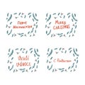 Christmas greetings handmade set of letters in the circle of the Christmas tree. English, Russian, Czech and German