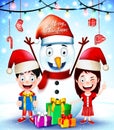 Christmas Greetings with Happy Kids and Snowman Wearing Santa Hat