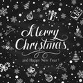 Christmas greetings with holiday decorations on black chalkboard Royalty Free Stock Photo