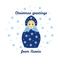 Christmas greetings from Russia, card with russian traditional wooden toy, babushka, matryoshka. Royalty Free Stock Photo