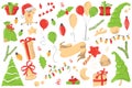 Christmas greetings set with decorative winter elements - garland, pine tree, gift box, baloon, cute pig on white background