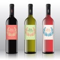 Christmas Greetings Wine Bottle Labels Concept. Red, White and Pink Wine Set on the Realistic Vector Bottles. Winter