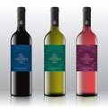 Christmas Greetings Wine Bottle Labels Concept. Red, White and Pink Wine Set on the Realistic Vector Bottles. Winter Royalty Free Stock Photo