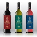 Christmas Greetings Wine Bottle Labels Concept. Red, White and Pink Wine Set on the Realistic Vector Bottles. Winter Royalty Free Stock Photo