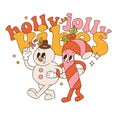 Christmas groovy sticker for tee print. Congratulatory text Holly Jolly vibes with snowman and candy cane characters and