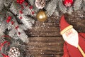 Christmas grunge wooden background with snow fir tree and Santa Claus. View with copy space Royalty Free Stock Photo
