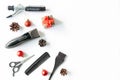 Christmas hairdresser composition with gift box. combs, brush, scissors, tools and accessories with new year decorations