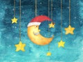 Christmas half moon face and stars hanging from strings painted in watercolor.