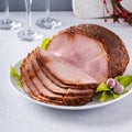 Christmas Ham For Celebration Dinner, Spiral Sliced Ham On A Serving Plate
