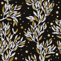 Christmas hand draw mistletoe branch and stars vector seamles pattern