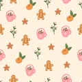 Christmas hand drawn background with candy, oranges, gingerbread. Happy New Year seamless pattern. Xmas party decor