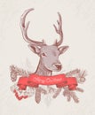 Christmas hand drawn background with deer