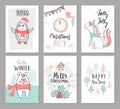 Christmas hand drawn cute cards with penguin, unicorn,bear, bird, trees and other elements. Vector illustration.