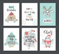 Christmas hand drawn cute cards with reindeer, Xmas tree, penguin and other items. Vector illustration.