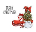 Christmas hand-drawn decoration tree branches with fir-cones, red bow, gifts, candy cone and sled, greeting quote isolated on