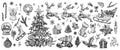 Christmas hand drawn decorations, vector elements. Traditional Christmas tree, truck, Santa Claus, fir, wreath. Royalty Free Stock Photo