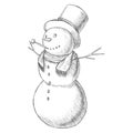 Christmas hand drawn pen vector illustration - snowman in tall hat with pipe, vintage style.