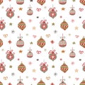 Christmas hand drawn seamless pattern with balls, snowflakes, star. Cute hanging bauble in boho style. Holiday