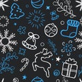 Christmas hand drawn seamless pattern. Christmas tree decoration, snowflakes, gifts. Winter holidays