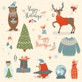 Christmas hand drawn set - inscription , animals and other elements. Vector winter illustration. Royalty Free Stock Photo