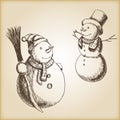 Christmas hand drawn vector illustration - snowman, vintage style.