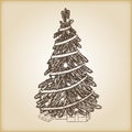 Christmas hand drawn vector illustration - Xmas tree, vintage style.