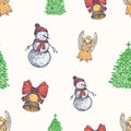 Christmas Hand Drawn Vector Seamless Background Pattern. Bells, Snowman, Angel and Christmas Tree Sketches Card or Cover