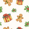 Christmas Hand Drawn Vector Seamless Background Pattern. Gift Box, Ginger Cookie Man and Mistletoe Sketches Card or