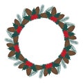 Christmas hand drawn wreath with leaves, berries, Christmas tree branches, holly, pine cone. Winter floral cozy elements. Vector Royalty Free Stock Photo