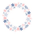 Christmas Hand Drawn wreath pink and blue Floral Winter Design Elements isolated on white background for retro design Royalty Free Stock Photo