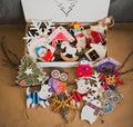 Christmas hand-made decorations in a wooden box Royalty Free Stock Photo