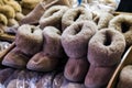 Christmas handmade brown beige sheep wool warm cozy natural fur boots Royalty Free Stock Photo