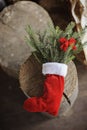 Christmas handmade red sock with pines and bow