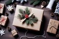 Christmas handmade wrapping gift boxes background. Royalty Free Stock Photo