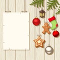 Christmas hanging decorations and a placard on a wooden background. Vector illustration. Royalty Free Stock Photo