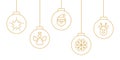Christmas hanging line art balls on white background. Holiday gold baubles with snowflake, star, santa, christmas tree Royalty Free Stock Photo