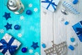 Christmas and Hanukkah celebration concept. Winter holidays background with gift boxes and traditional decorations