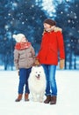 Christmas happy family, mother and son child walking with white Samoyed dog on snow in winter day Royalty Free Stock Photo