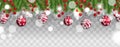 Christmas and happy New Year border of Christmas tree branches with red balls and holly berries on transparent background.