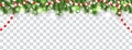 Christmas and happy New Year border of Christmas tree branches and beads on transparent background. Holidays decoration. Vector Royalty Free Stock Photo