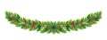 Christmas and Happy New Year border/wreath/garland with fir-tree tree branches and red berries, cones, acorns, mistletoe