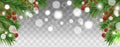 Christmas and happy New Year bright banner with Christmas tree branches and holly berries on transparent background. Holidays Royalty Free Stock Photo