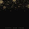 Christmas and Happy New year card with falling golden snowflakes on black. Vector