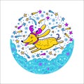 Christmas and Happy New Year card, Symbol Chinese Year 2018. A happy cartoon dog running through the snow. Vector