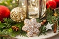 Christmas and Happy New Year composition with gingerbread, Lantern, candles, fir tree and festive decoration Royalty Free Stock Photo