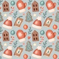 Christmas and Happy New Year crayon seamless pattern. Holiday ornament for textile, wrap