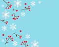 Christmas or happy new year design frame with white various snowflakes and red berry twig isolated on light blue