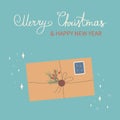 Christmas And Happy New Year Envelope With, Stamps And Christmas Tree Branch, Tied With A Rope. Vector Design Template